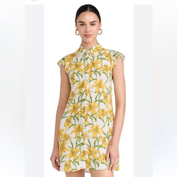 Alice + Olivia Jem Floral Flutter Sleeve Mini Shirtdress in a yellow lily print